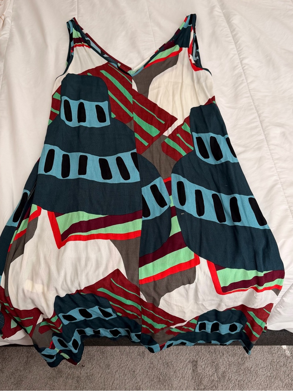 Multicolor Printed V-Neck Midi Dress - Navy, Red & Mint